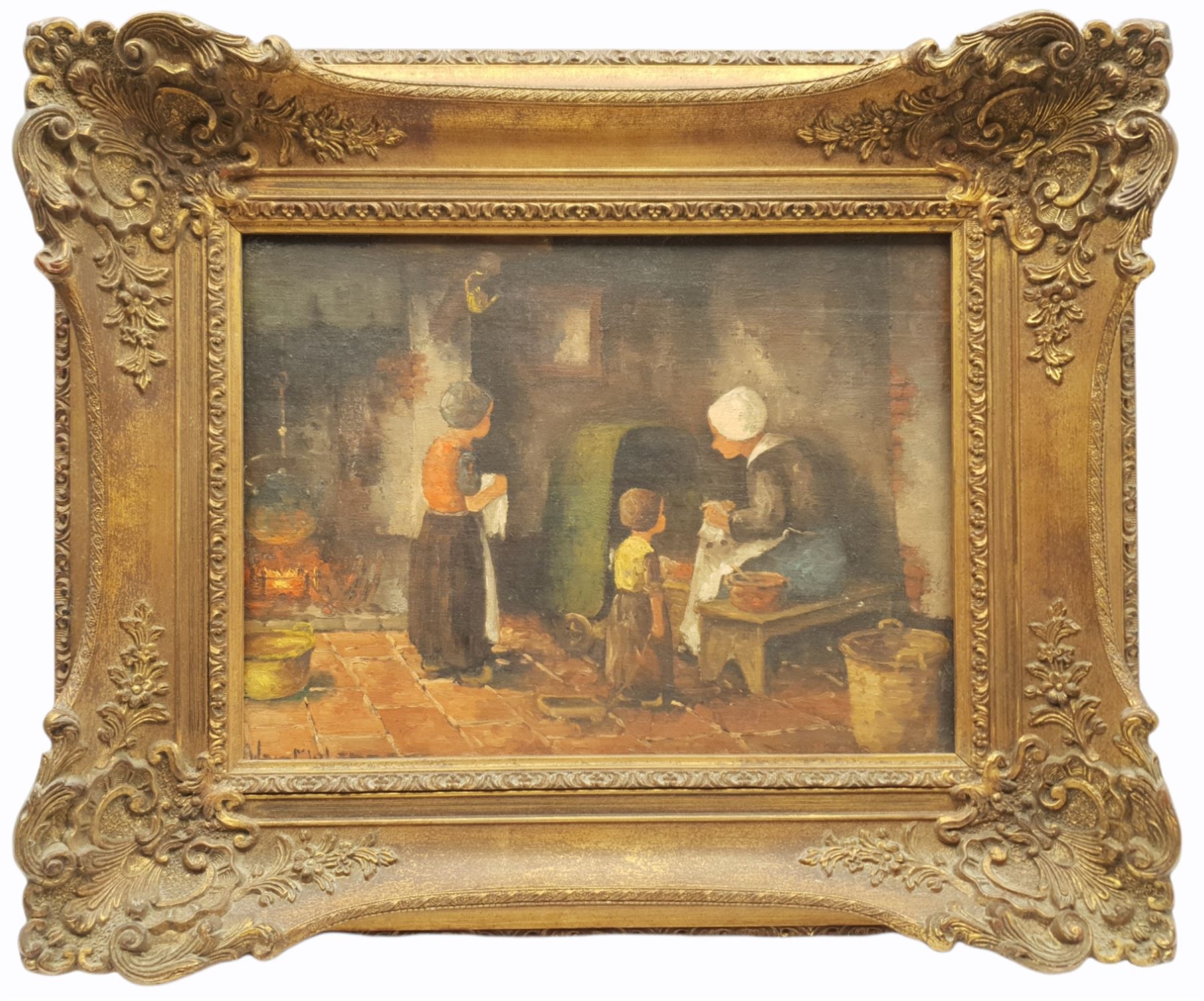 Han Molenaar (Dutch 1914-1989): Mother and Children by the Fire, oil on panel signed 28cm x 38cm in heavy gilt frame