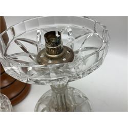 Mid 20th century cut glass table lamp with dome shade, together with a mid 20th century wooden table lamp, tallest H45cm