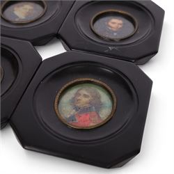 20th century four framed miniatures of gentlemen, in traditional dress, each within a black frame, H13cm