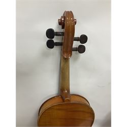 Four violins 1/8th size; half size with Nicolas Bertholini label; three-quarter size with Stradivarius copy label; and full size with Marquis De L'Air label (4)