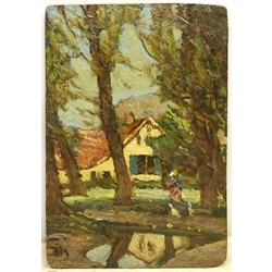 William (Fred) Frederick Mayor (Staithes Group 1866-1916): Rural Cottages Montreuil?, oil on French artist's board signed with initials, figurative sketch verso 30cm x 19cm (unframed)