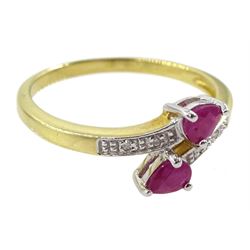 Silver-gilt pear shaped ruby ring, with diamond set shoulders, stamped 925