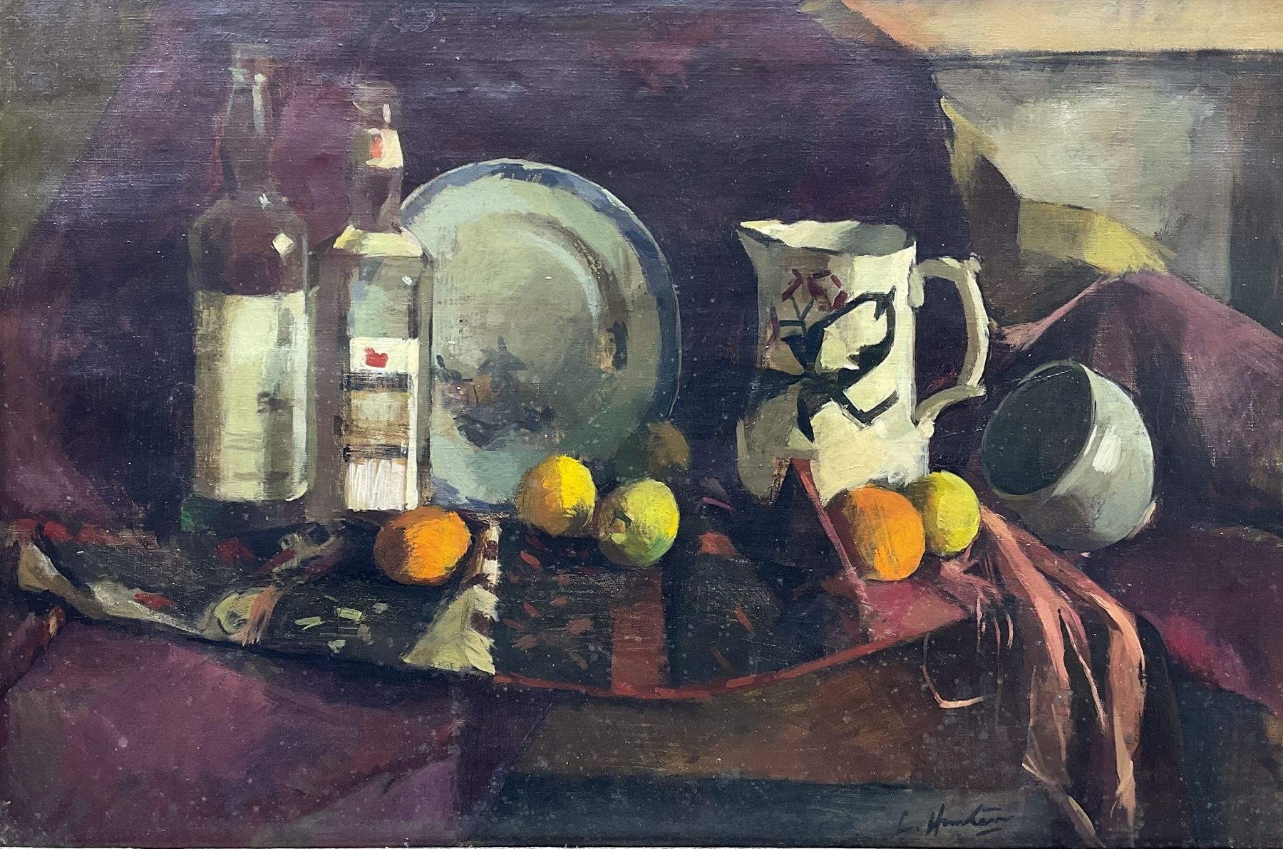Circle of George Leslie Hunter (Scottish 1877-1931): Still Life with Fruit, oil on canvas signed 50cm x 75cm 
Provenance: with Doig Wilson & Wheatley, Edinburgh; James Bourlet & Sons, London, labels verso. Same family ownership for over 20 years.