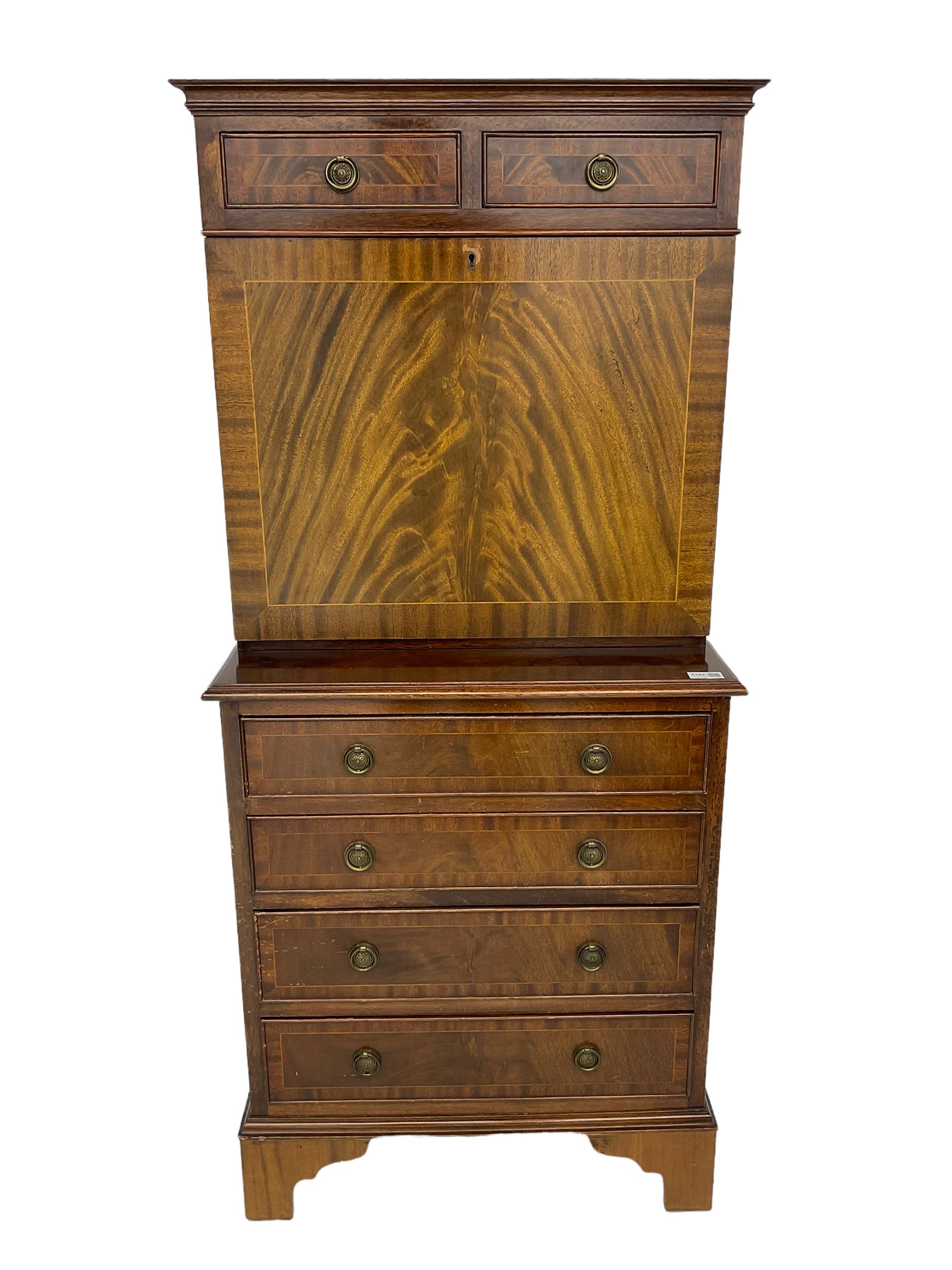 Shaw of London - mahogany secretaire chest, the upper section fitted with two drawers over fall front enclosing drawers, cupboard and pigeon holes, the lower section fitted with four graduating drawers, on bracket feet