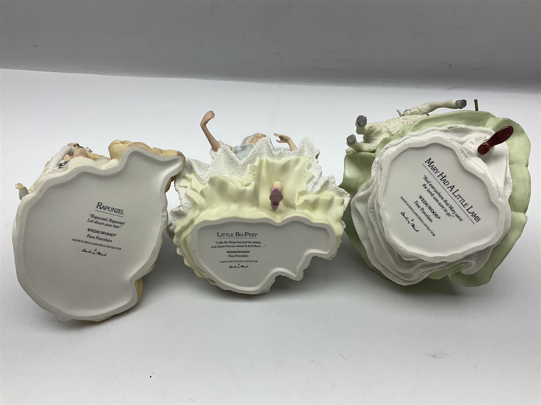 Collection of six Wedgwood Danbury Mint fairy tale figures, comprising Cinderella, Red Riding Hood, Little Bo Peep, Mary had a Little Lamb, Goose Girl and Rapunzel