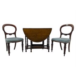 Pair of Victorian mahogany balloon back dining chairs (W49cm); 20th century oak drop-leaf dining table (W92cm); three small children's chairs (6)