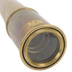 British WWII brass and leather telescope, marked tele. sct. regts mkII, with broad arrow,  mark, together with a brass three draw telescope 