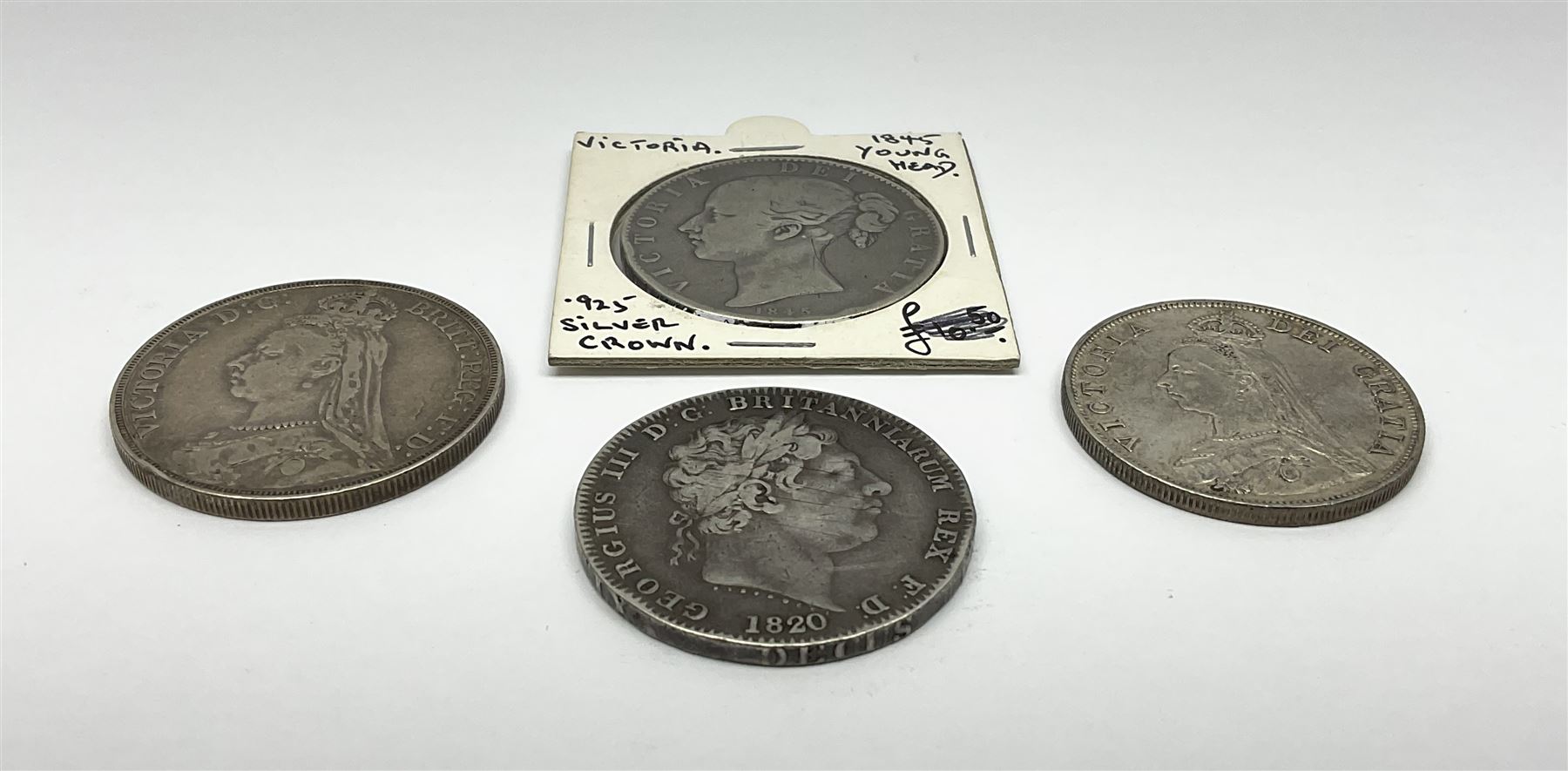King George III 1920 crown, Queen Victoria 1845 and 1890 crown coins and a Queen Victoria 1889 double florin (4)
