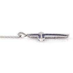 18ct white gold princess cut sapphire and round brilliant cut diamond cross pendant necklace, total sapphire weight approx 5.35 carat