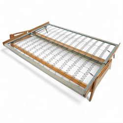 Gerard Guermonprez for Bobois - mid-century light teak sofa daybed, sides with angular teak wire sprung frame, integrated armrests with cut-out hand-holds, single fabric cushion back and seat, on out-swept tapered legs, circa 1955