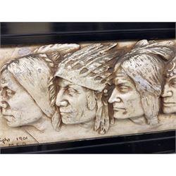 Framed cast ceramic wall plaque depicting five native americans, L56.5cm, H24.5cm
