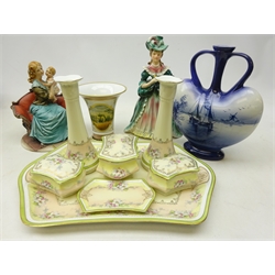  Continental porcelain dressing table set on tray, Kaiser 'Belvederer' vase, Royal Bonn Delft two handled vase and two figurines   