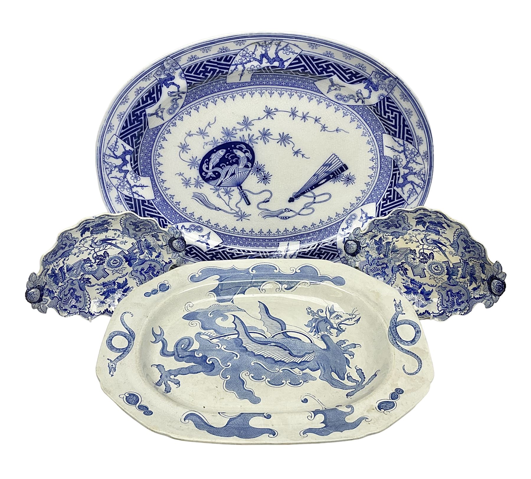 Minton Bombay pattern platter, together with Mason's meat platter, decorated with mythical beast, and two Cauldron Place Opaque China dishes 