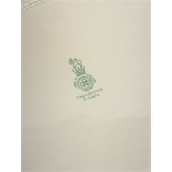 Royal Doulton The Coppice pattern dinner wares, comprising four dinner plates, three salad plates, two large bowls, three smaller, seven side plates, tureen and cover, two oval serving platters, sandwich plate, jug, three tea cups and six saucers, open sucrier, and three egg cups, together with two pieces of  Hartley Greens & Co, Leeds Pottery. 