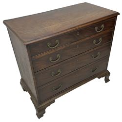 George III figured mahogany chest, moulded rectangular top over four graduating cock-beaded drawers, brass reeded swag handles, lower moulding over ogee brackets