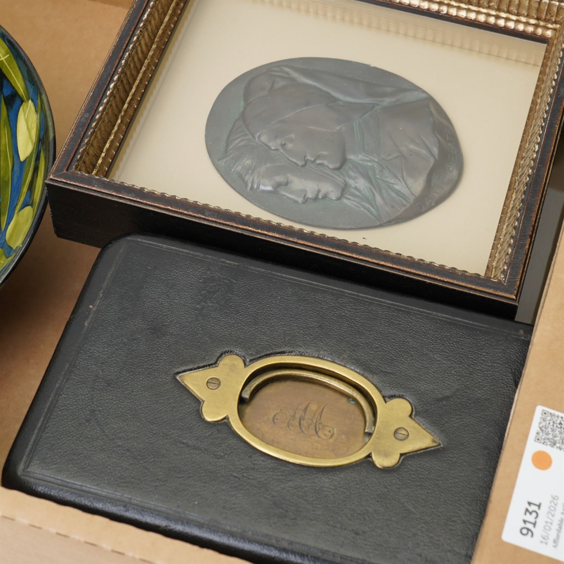 Sophie MacCarthy studio pottery bowl with olive decoration, leather jewellery box; and two framed plaques of Dante & Raphael 