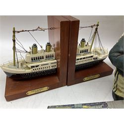 Nautical themed decorative items, to include Titanic book ends, model boat, books, lighthouse lamp etc in one box