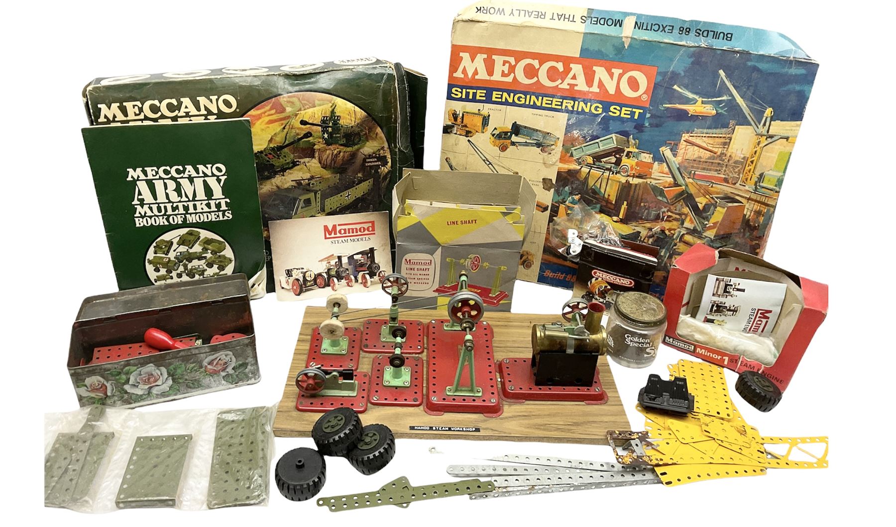 Mamod Minor 1 stationary live steam engine, line shaft, power hammer etc, attached to a wood board, with boxes and a quantity of Meccano 