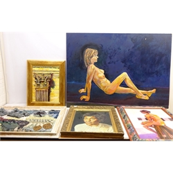  Female Nudes, Portraits and Corinthian Column, four oils and one pencil drawing by Ronald Falck (British Contemporary 1938-2018), two signed, three colour prints after the same hand and 'Orientale Moon'  fabric on board by Mary Falck signed and titled verso max 81cm x 113cm one unframed (9)  