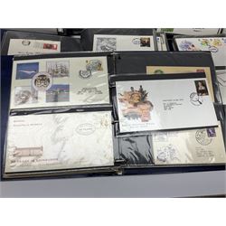 Mostly Great British first day covers, some with special postmarks, from the 1960s to the early 2000s and a small number of Queen Elizabeth II usable postage stamps, housed in eleven ring binder folders