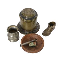 Cheroot holder with 9ct gold collar, silver cheroot holder, two cigar /cigarette cutters, two Victorian copper dishes set with Victorian penny, Otis King calculator and brassware, including folk art box, set of postage scales and Royal commemorative Prince Albert tobacco jar, match holder, etc