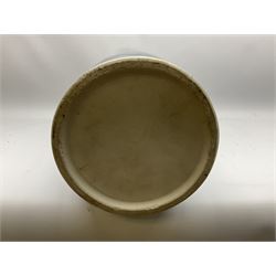 Chinese floor vase of cylindrical form decorated in blue, white and red wih birds perched upon blossoming branches, with flared rim, H62cm