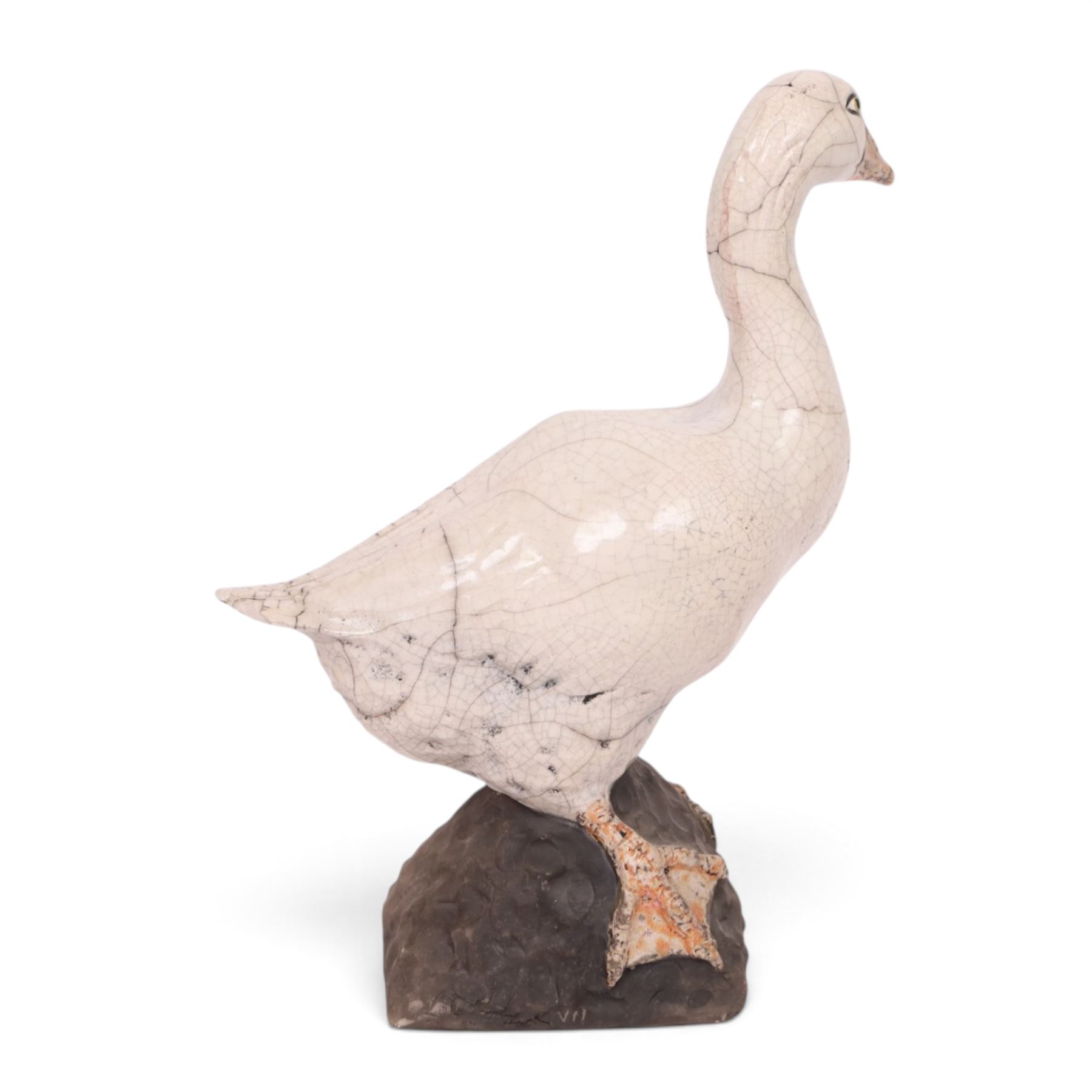 Lawson E. Rudge (b. 1936), raku fired studio pottery sculpture of a goose, H31cm