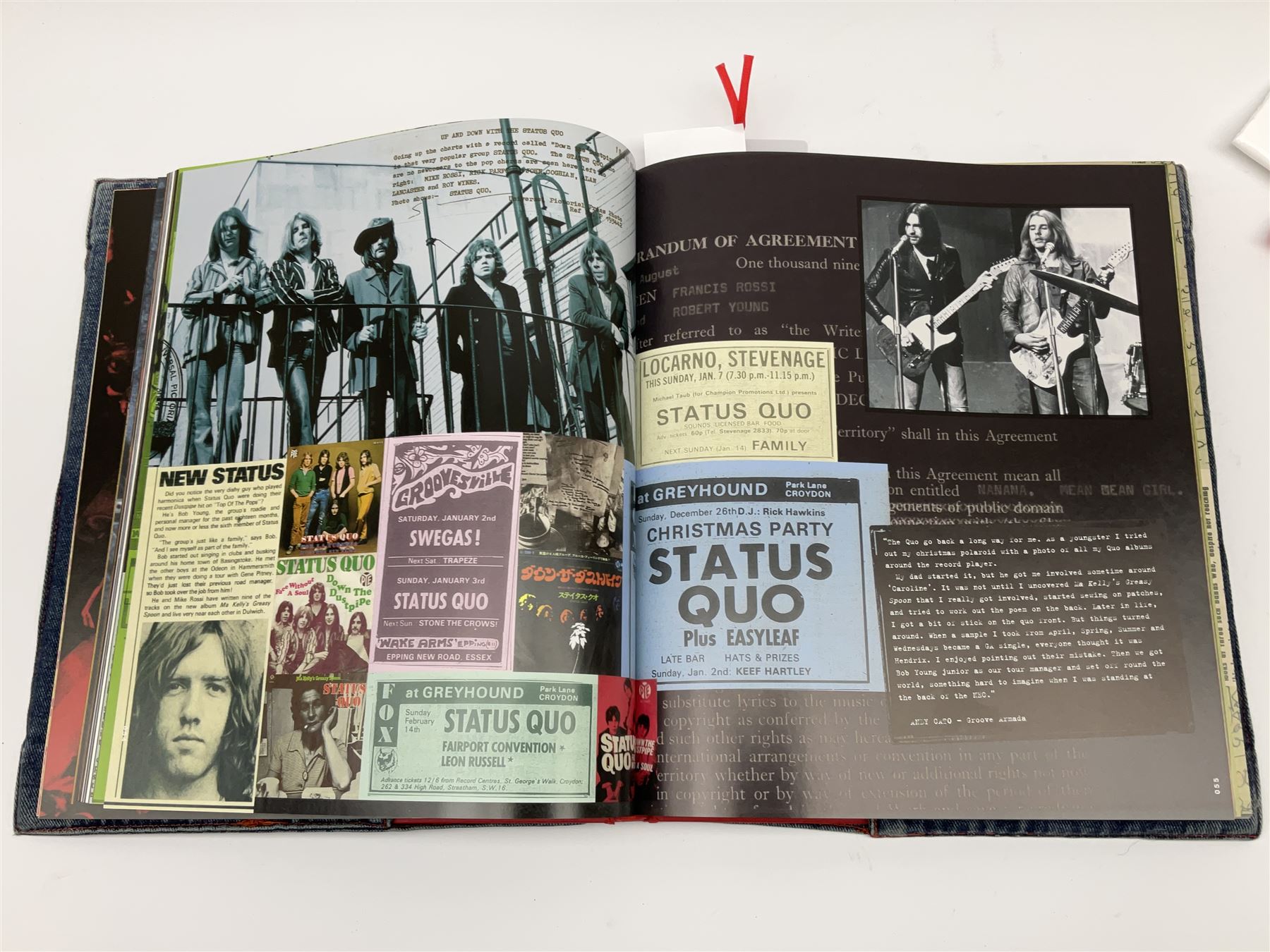 Status Quo: The Official 40th Anniversary Limited Edition book No.926/3000 with certificate signed by Rossi and Parfitt. Duplicate signatures by Rossi and Parfitt on pages within the book. Denim dustjacket; 'From The Makers Of ....' boxed set of three LP records in circular blue tin; and quantity of tour carrier bags
