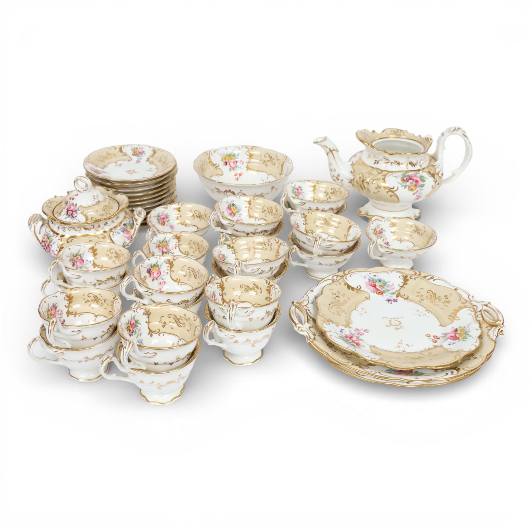 19th century Ridgway tea service, decorated in the 7548 pattern, comprising ten breakfast cups, eleven coffee cups, eleven saucers, tea pot, sucrier and cover, slop bowl, pair of cake plates and further example, a number with printed marks beneath, some with painted iron red pattern number beneath 