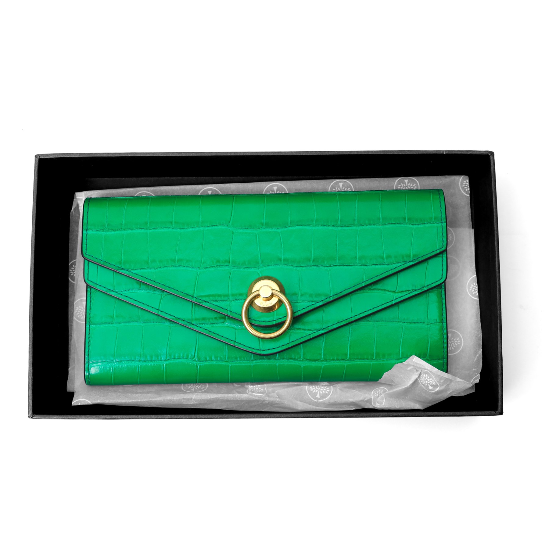 Mulberry - ‘Harlow Medium’ wallet in Emerald Green crocodile-embossed leather, the double envelope flap with gold-tone twist-ring Rider’s Lock fastening, opening to a gusseted interior with four card slots, zipped coin compartment and front press-stud pocket, with box
