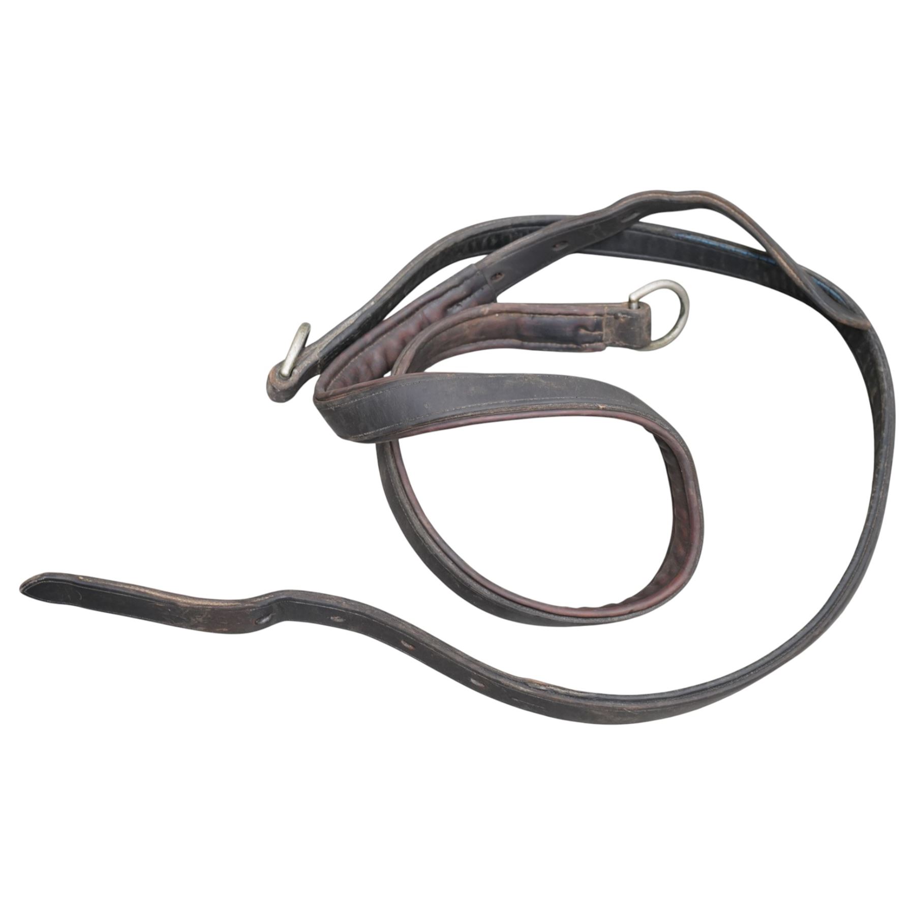 Team four in hand set of brown leather in hand exercise harness, including four collars, pads and bridles with leather blinkers and bits