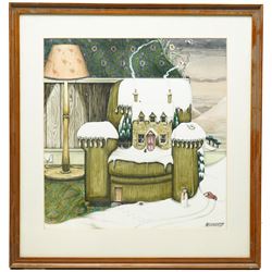 Colin Thompson (British/Australian 1942-): House in Snow on Armchair Illustration, ink and watercolour signed 39cm x 37cm Notes: Featured in Thompson's the 'Pictures of Home' book, commissioned by Leeds Permanent Building Society, page 24.