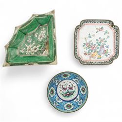 Chinese Kangxi famille verte on biscuit porcelain sweetmeat dish, with white blossom decor...