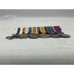 George V Military Cross miniature group of six medals comprising MC, WW1 trio including 1914 Star, Long Service and Good Conduct Medal and General Service Medal with Iraq clasp; and miniature group of four medals comprising Military OBE and WW1 trio including 1914-15 star; all with ribbons and both on pinned wearing bars