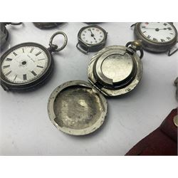 Collection of silver fob watches and wristwatches, some examples with enamel dials, together with silver plated examples 