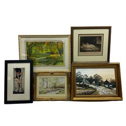 Leonard W Owens (British 20th century): 'Pheasants by a Farm near Hutton-Le-Hole', oil on canvas signed and dated 1986;Chris Hammond (British 20th century): 'Springtime', watercolour signed, titled and dated 1990 verso together with 19th century engraving 'the dream', a further watercolour and fashion print max 30cm x 45cm (5)