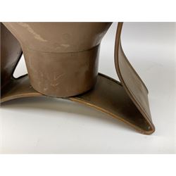 Agricultural copper corn funnel, H32.5cm, another similar copper funnel and copper warming platter of oval form, with twin handles on four supports, with removeable warming plate, L49cm