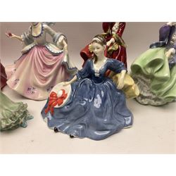 Eight Royal Doulton figures, including Ascot HN2356, Rebecca HN2805, Top o the Hill HN1833 etc