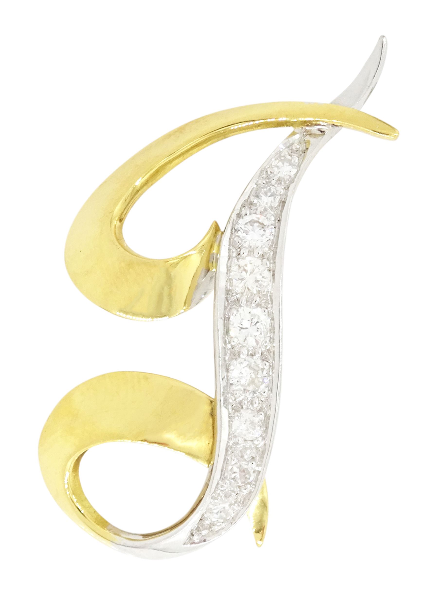 18ct white and yellow gold round brilliant cut diamond 'J' brooch, London 1984, total diamond weight approx 0.40 carat