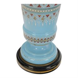 Victorian blue milk glass oil lamp by James Hinks & Son, with enamelled stipple decoration, H43cm