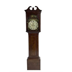 1860's Scottish longcase clock in a Mahogany case with a painted dial and eight-day striking movement,  break arch dial with roman numerals, minute track and quarter hour minutes, four continents depicted in the spandrels and Britannia to the break arch, makers name indistinct, with subsidiary seconds and date dials, mahogany case with a swan’s neck pediment, long trunk door and square plinth (feet missing). With pendulum and weights.
