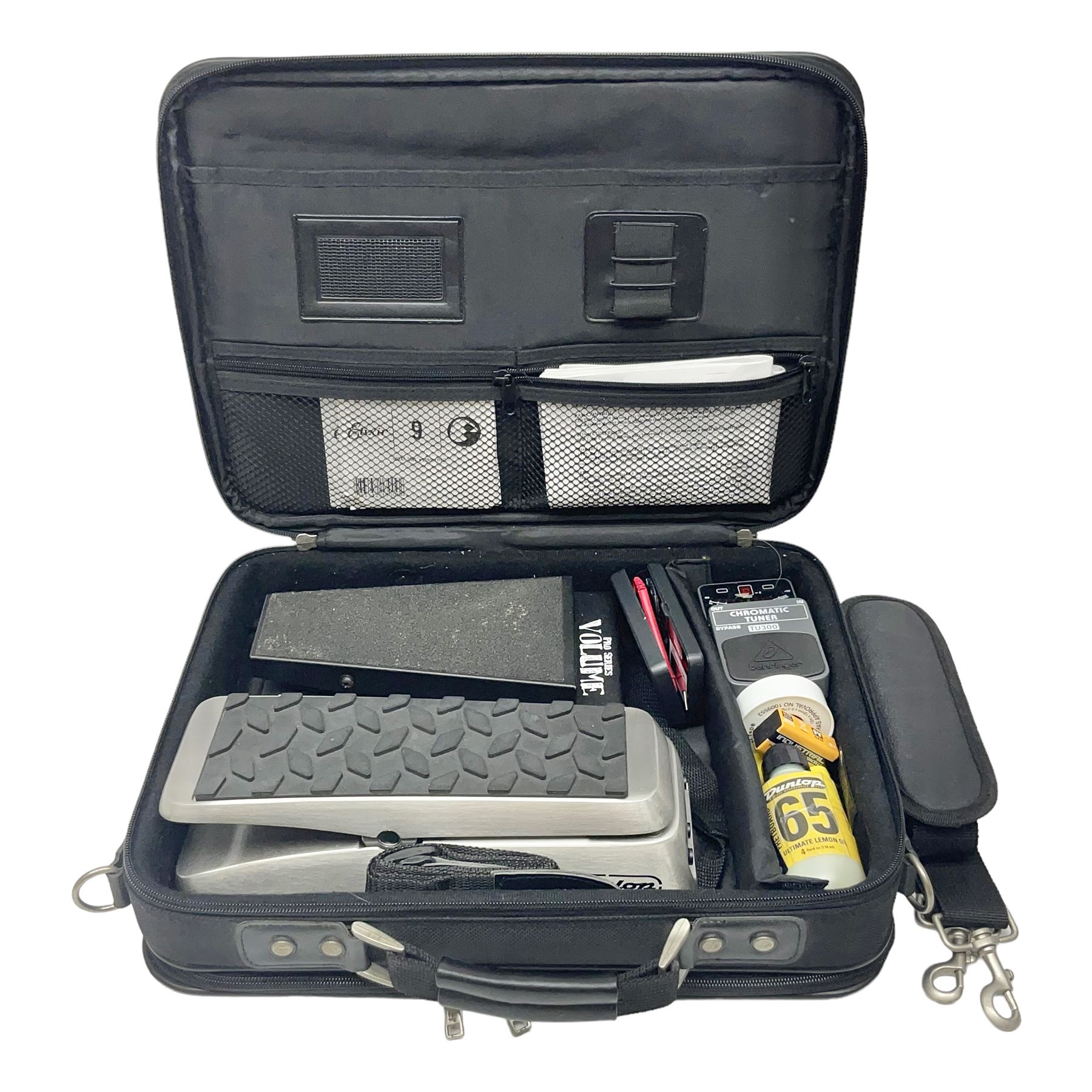 Dunlop Volume Pedal, Morley Pro Series Volume pedal, Behringer TU300 Chromatic Tuner, Sealey Digital multimeter etc; in Antler carrying case
