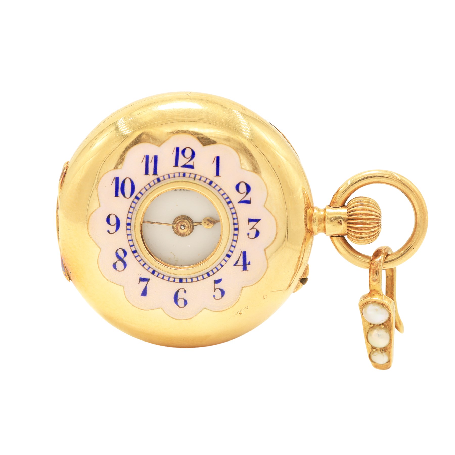 Early 20th century 18ct gold half hunter keyless lever fob watch by Asprey, white enamel dial with Arabic hour markers, the back case engraved with name stamped 18K with Helvetia hallmark, on 15ct gold pearl pendant