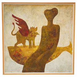 Timur Iskhakov (Russian 1968-): 'Midsummer Night's Dream', mixed media and oil on canvas signed with monogram and dated 1996, inscribed verso 149cm x 149cm 
Notes: Ishkahov studied in Russia during the late Soviet period and emerged in the 1990s with a distinct visual language drawing on mythology, folklore, and classical form. His work has been exhibited in Moscow, St. Petersburg, and internationally, including shows in Germany, France, and the UK. His paintings are held in numerous private and corporate collections across Europe and Asia. 