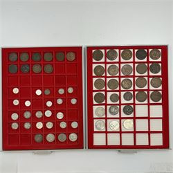 Australian coinage, including two King George V 1927 'Parliament House' one florins, various sixpences, Queen Elizabeth 1961 and other threepence pies, pennies etc, housed in two Lindner coin trays