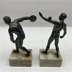 Bronzed model of the discus thrower and another of a episkyros player, both raised upon retangular plinths, H18cm
