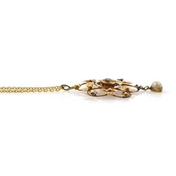 Early 20th century 9ct gold citrine and pearl three leaf clover pendant, on 15ct gold trace link chain necklace