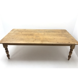  Large pine rectangular farmhouse dining table, two drawers to one end, turned supports, W244cm, H76cm, D123cm  