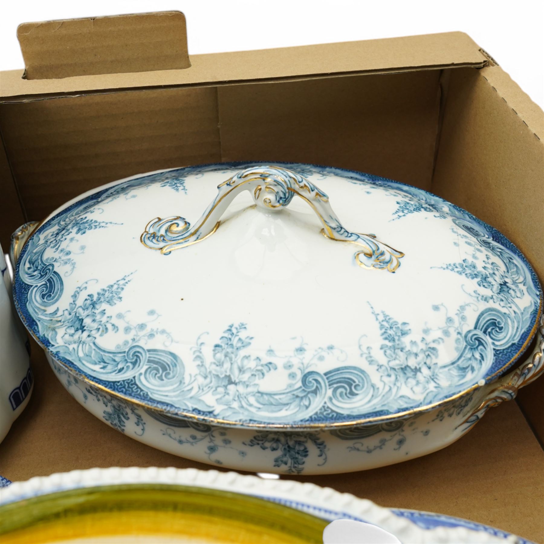 Early 19th century Rogers blue and white platter, other blue and white plates, ceramic door furniture, Palissy Game series bowls, folk art plates etc in two boxes