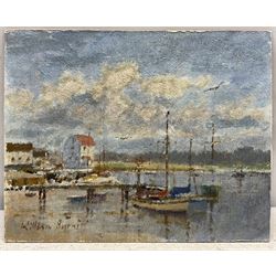 William Burns (British 1923-2010): 'Woodbridge Suffolk - Small Boats and Tide Mill', oil on board signed, titled verso 21cm x 26cm (unframed) Provenance: Direct from the family of the artist. Notes: Born in Sheffield in 1923, William Burns RIBA FSAI FRSA studied at the Sheffield College of Art before the outbreak of the Second World War, during which he helped illustrate the official War Diaries for the North Africa Campaign, and was elected a member of the Armed Forces Art Society. On his return, he studied architecture at Sheffield University and later ran his own successful practice, being a member of the Royal Institute of British Architects. However, painting had always been his self-confessed 'first love', and in the 1970s he gave up architecture to become a full-time artist, having his first one-man exhibition in 1979.